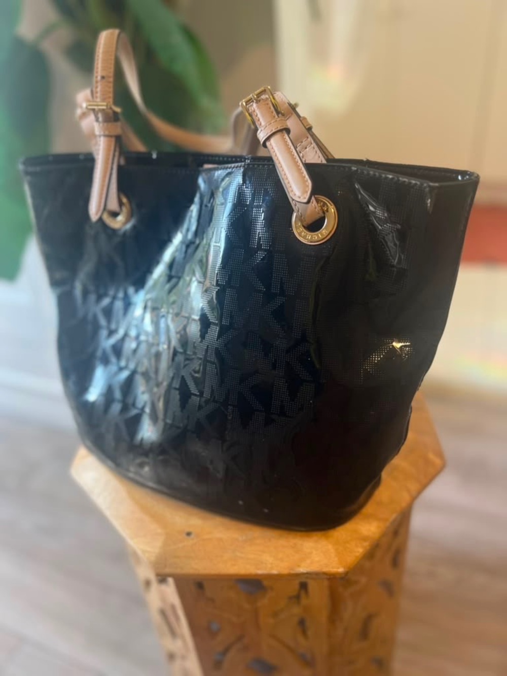 Michael Kors Black Patent Tote with Tan Leather Handles